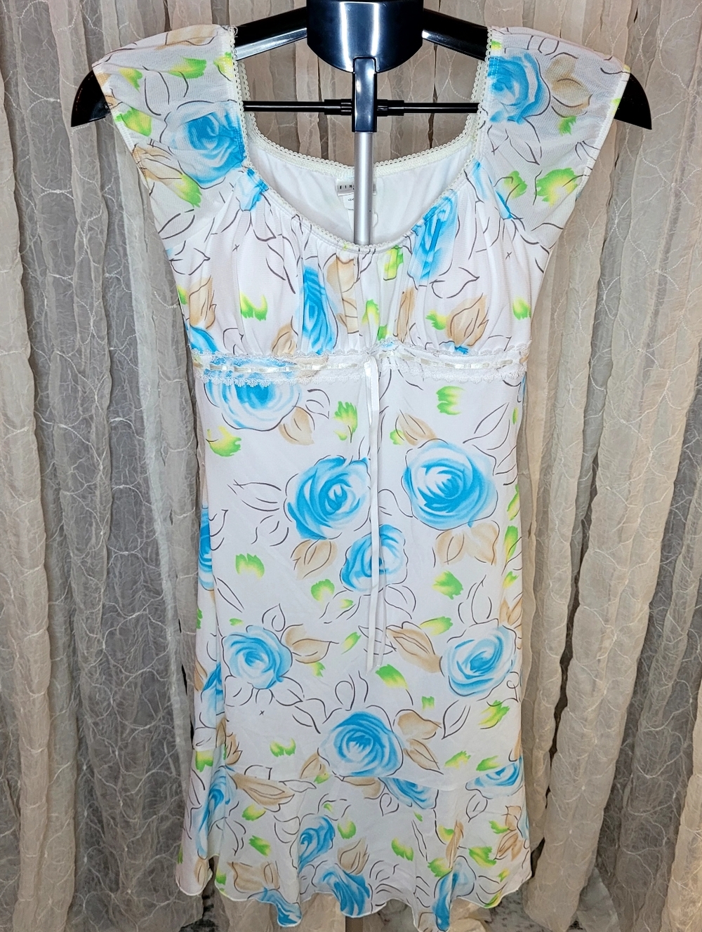 Finesse Rare Sample USA Floral Milkmaid Dress Blue Rose Ruffle Lace Boho Y2K 90s